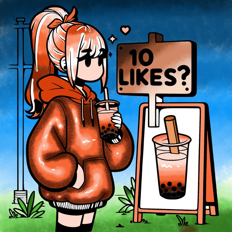 girl with oversized hoodie drinking boba and she has a high ponytail with a sign that says 10likes?