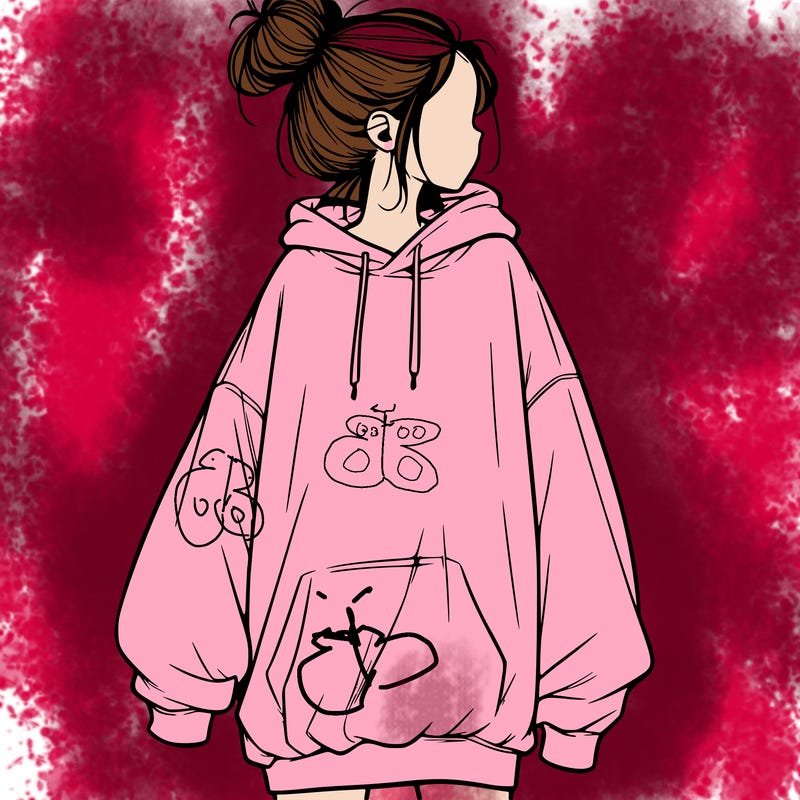 realistic girl with a oversized sweatshirt on and a bun