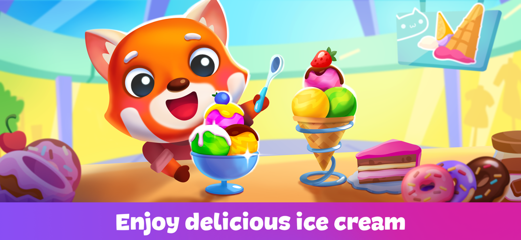 A cute red panda character next to colorful ice cream scoops in a cone and bowl with donuts and cake.