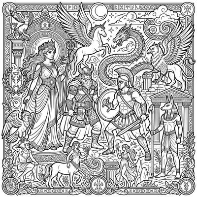 Embark on a creative journey through ancient myths with this captivating coloring page featuring gods, goddesses, heroes, and fantastical creatures. Designed with intricate details for teen colorists, it offers hours of imaginative fun.