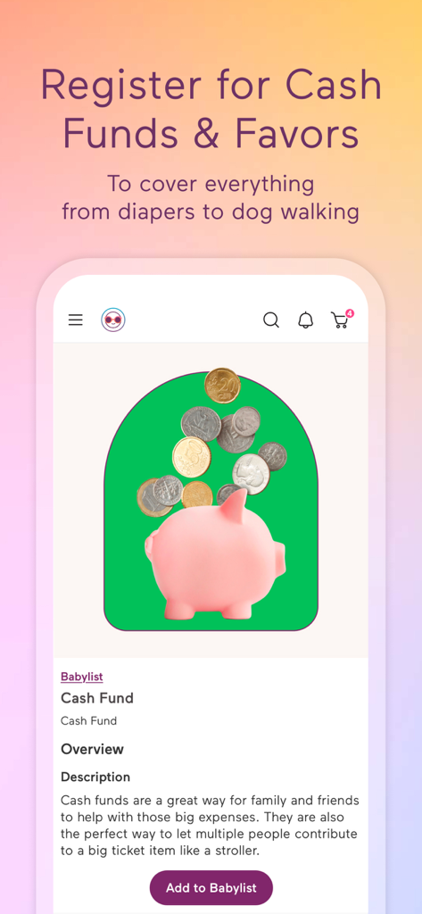 Babylist app screen showing how to register for cash funds and favors with a pink piggy bank illustration
