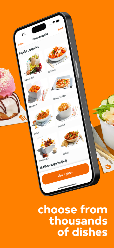 Handy-Bildschirm mit beliebten Lebensmittelkategorien wie Italienisch, Chinesisch und Indisch in der Lieferando App