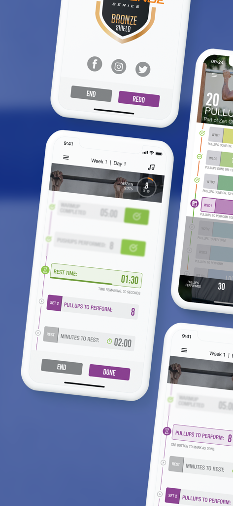 20 Pull Ups Trainer Challenge - 懸垂の進捗状況とワークアウトの成果を追跡するためのモバイルアプリインターフェース