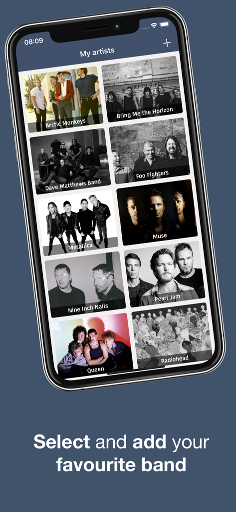 Tela do aplicativo móvel exibindo uma grade de artistas de música favoritos como Arctic Monkeys e Metallica com um botão para adicionar mais bandas.