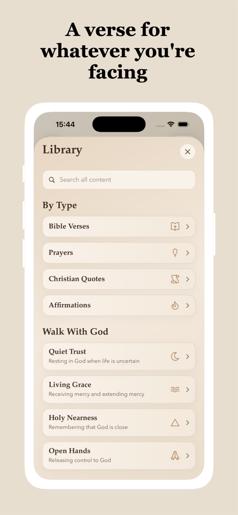 MySavior: Bible Widgets - Una pantalla de biblioteca de la aplicación MySavior que muestra categorías para versículos bíblicos, oraciones, citas cristianas y afirmaciones bajo un diseño limpio y minimalista