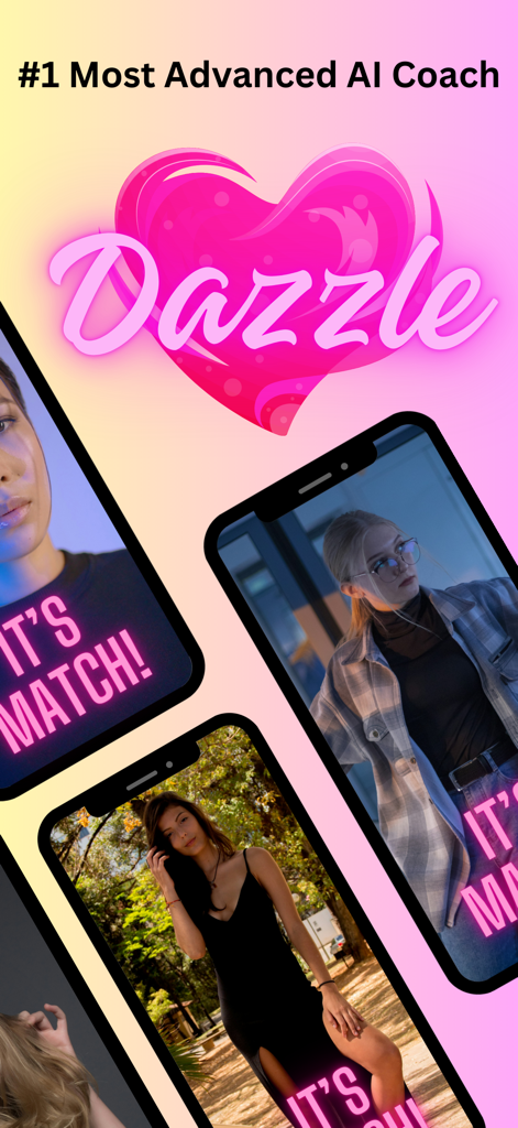 Pantalla promocional de la aplicación Dazzle que presenta el título de entrenador IA y notificaciones de coincidencias en perfiles de citas.