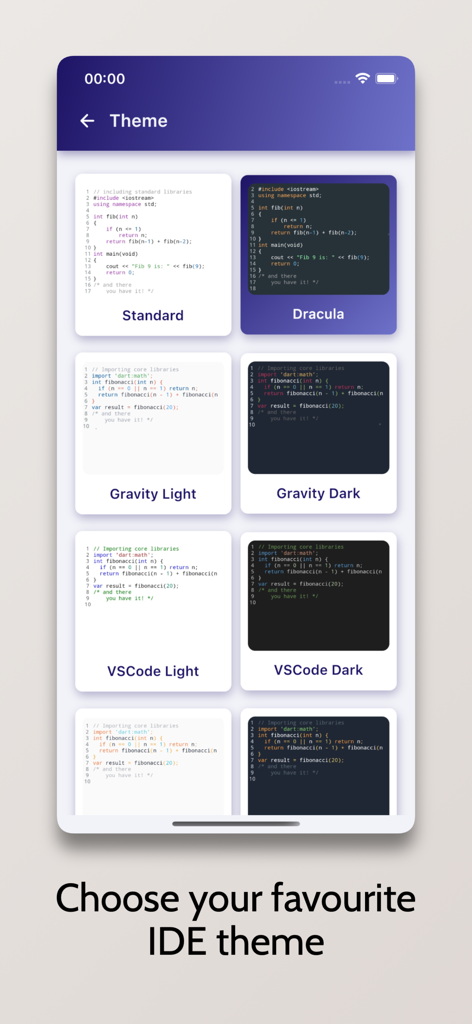 Python Compiler - Run .py Code - A menu in the Python Compiler app showing various IDE themes including Dracula and VSCode dark mode for code editing.