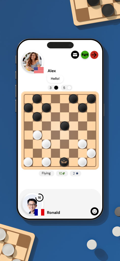 Checkers Online - Dama Game - Una pantalla móvil que muestra una partida de damas en línea con una burbuja de chat entre dos jugadores.