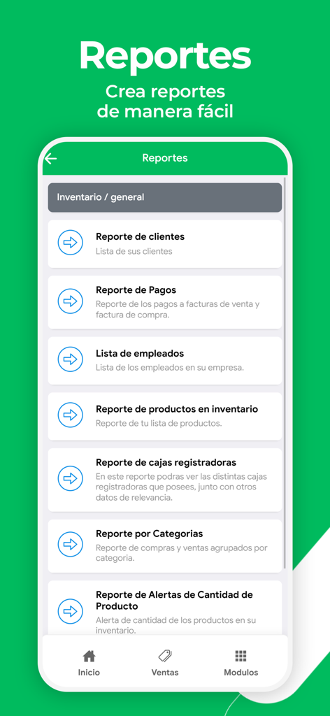 Ventas CLOUD - Pantalla de la aplicación móvil Ventas CLOUD que muestra un menú de informes comerciales que incluyen informes de clientes, pagos e inventario