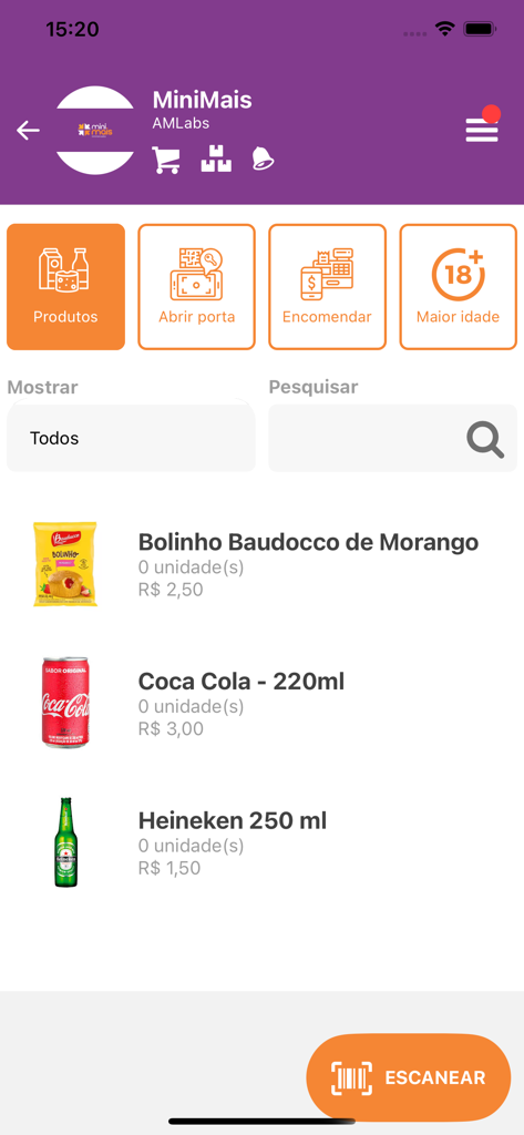 MiniMais Minimercados - Interfaz de la aplicación MiniMais que muestra una lista de productos como aperitivos y refrescos con opciones para desbloquear la puerta de la tienda y escanear artículos