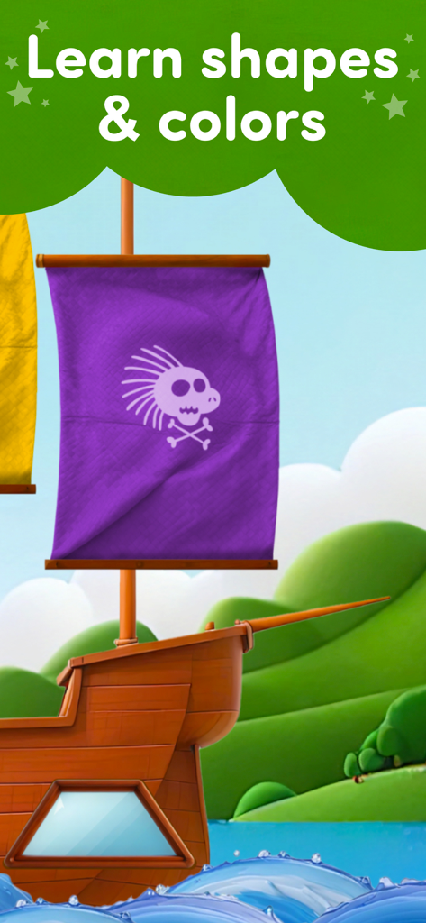Rescue: Toddler games for kids - Cartoon pirate ship with purple sails in a preschool educational game for learning shapes and colors