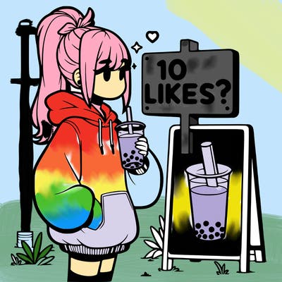 girl with oversized hoodie drinking boba and she has a high ponytail with a sign that says 10likes?
