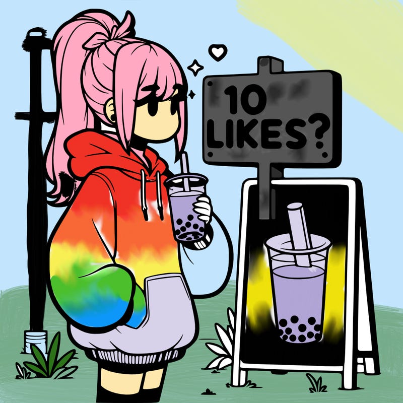 girl with oversized hoodie drinking boba and she has a high ponytail with a sign that says 10likes?