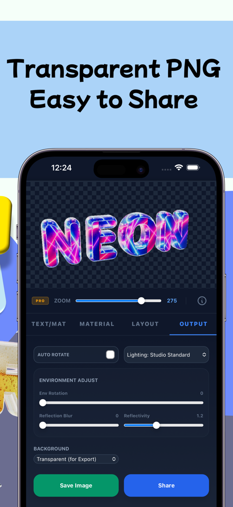 3D Text Lab - 3D Logo Maker - Designing a 3D neon text logo with transparent background export in 3D Text Lab app