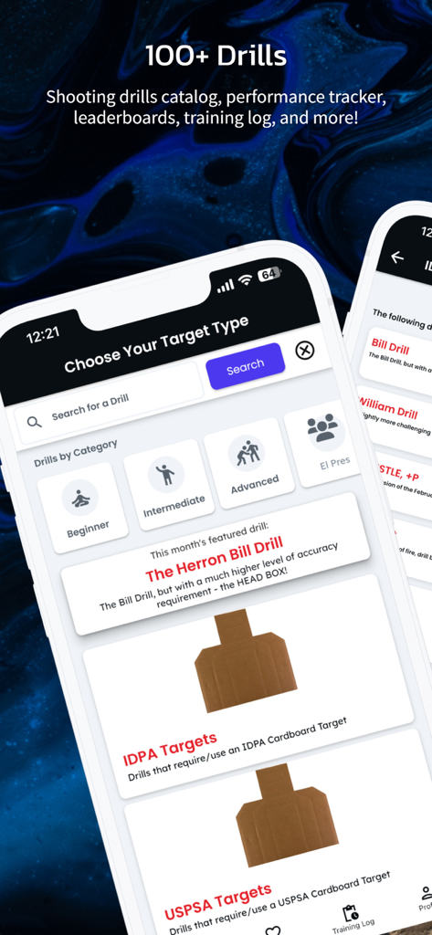 Range Buddy Pro - Range Buddy Pro app interface showing shooting drills categories and target type selection