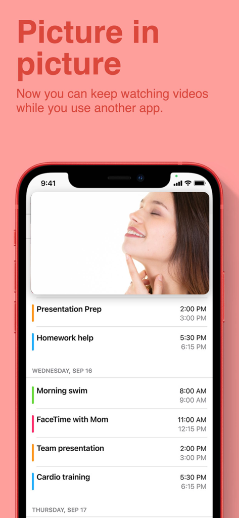 6 Pack Abs - Home Workouts - 6 Pack Abs app picture in picture feature showing a workout video overlaying a daily schedule on an iPhone.