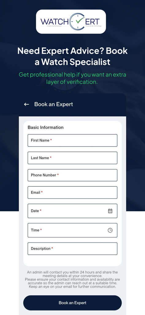 WatchCert: Watch Authenticator - WatchCert app screen showing a booking form to consult with a watch specialist for expert verification