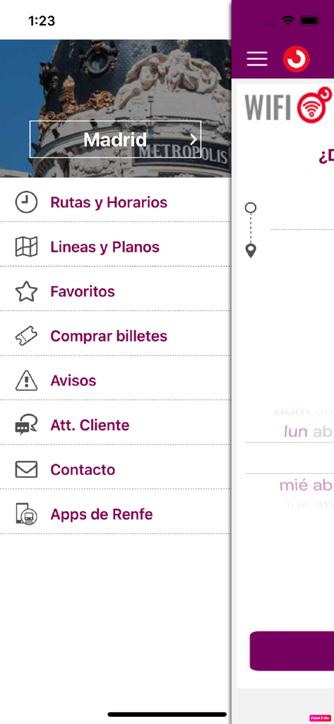 Menú de navegación principal de la aplicación Renfe Cercanias para Madrid que incluye rutas, mapas y opciones de billetes.