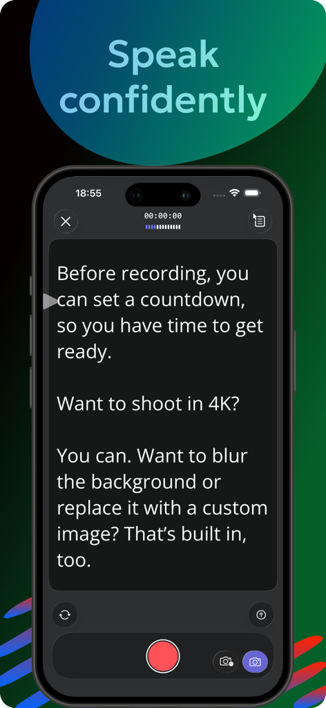 Una pantalla de smartphone que muestra la interfaz de grabación de la aplicación Teleprompter Automático con un guion y controles de video.