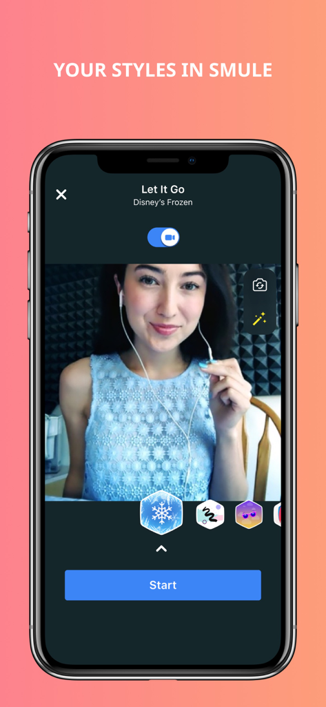 Style Studio by Smule - Una pantalla de vista previa en Style Studio de Smule mostrando a un intérprete aplicando un estilo visual de copo de nieve para una grabación de canción