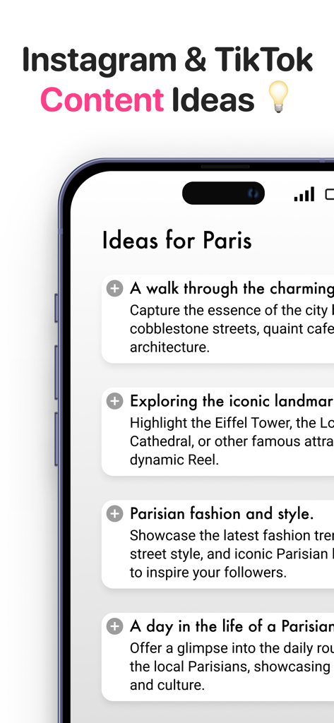 Interface do aplicativo exibindo ideias de conteúdo para mídias sociais para Paris