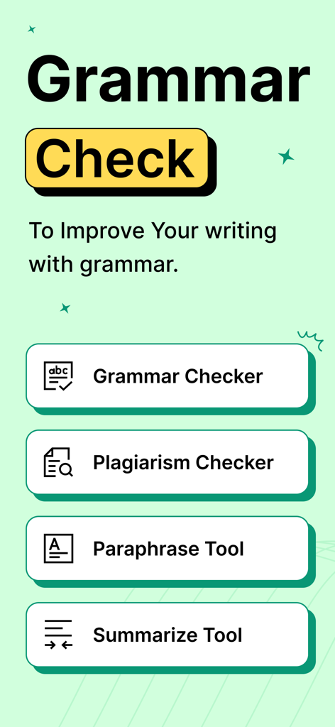 Main menu of the Grammar Check Ai app showing features like Grammar Checker Plagiarism Checker Paraphrase Tool and Summarize Tool