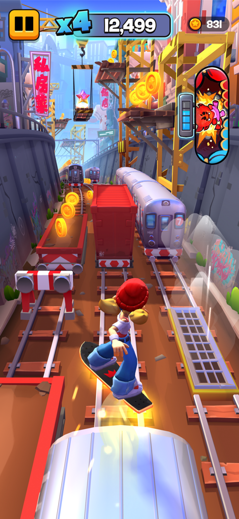 Subway Surfers City - Un personaje surfeando en una tabla flotante a través de las vías del metro en Subway Surfers City