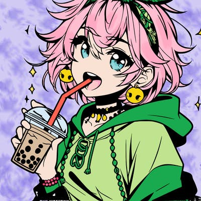 hot baddie anime girl drinking boba and biting the straw