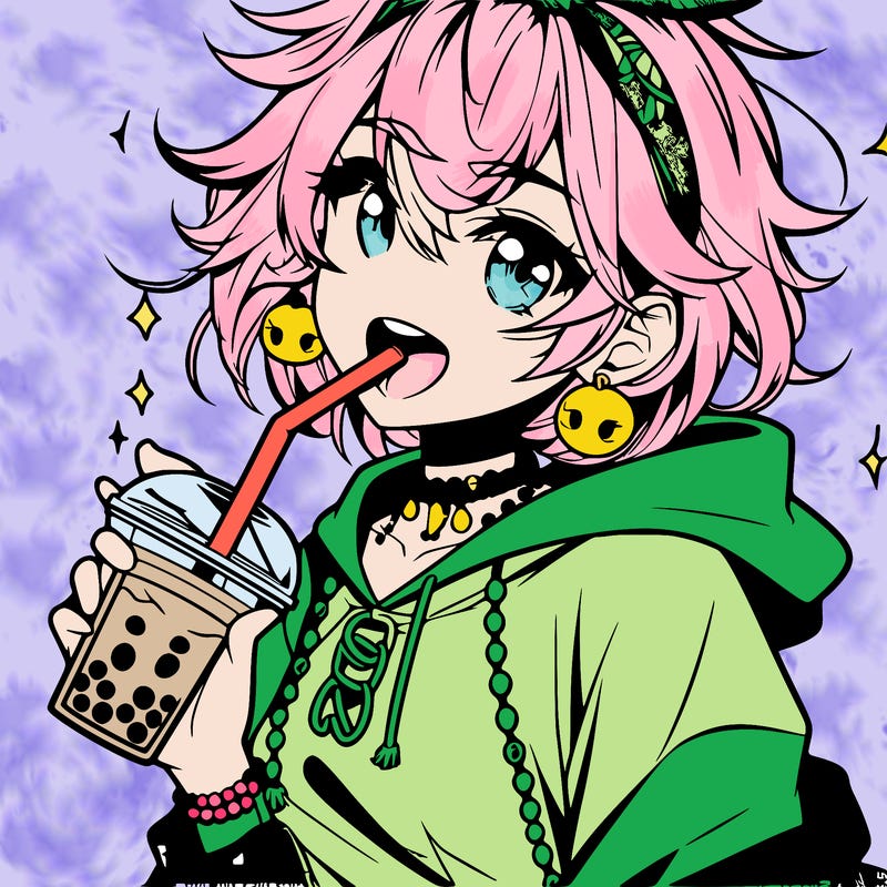 hot baddie anime girl drinking boba and biting the straw