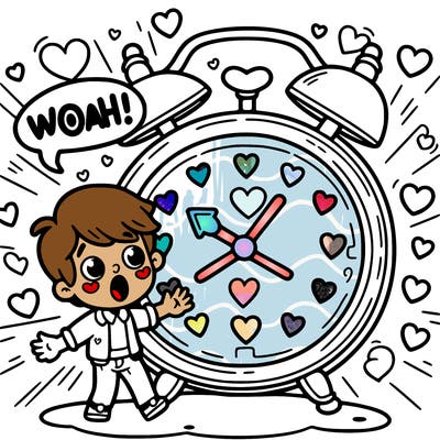 a clock with hearts on it with a kid saying woah