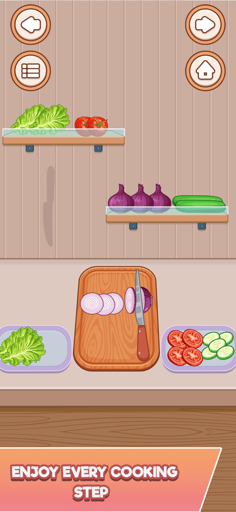 Cozy Kitchen ASMR Cooking Game - A knife slicing red onions on a wooden cutting board in a cozy virtual kitchen