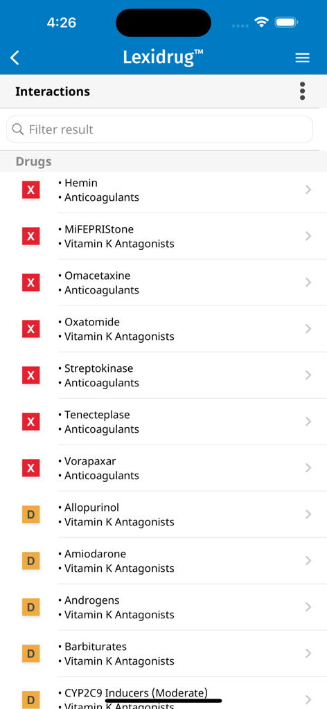 Mobile screen showing a drug interactions list with severity ratings in the UpToDate Lexidrug app.