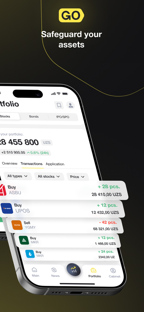 Interface de l'application GoInvest sur smartphone montrant les transactions du portefeuille d'actions et le slogan de sécurité