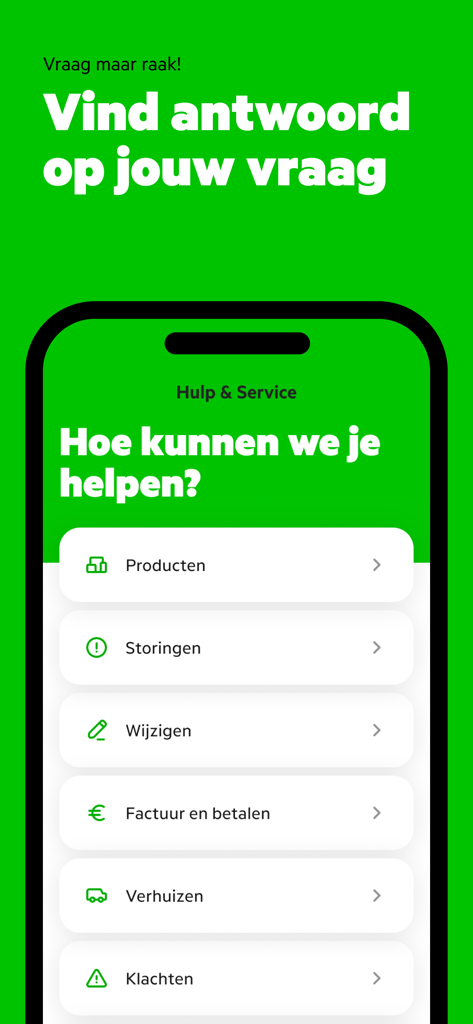 MijnKPN Zakelijk help and service screen with customer support categories