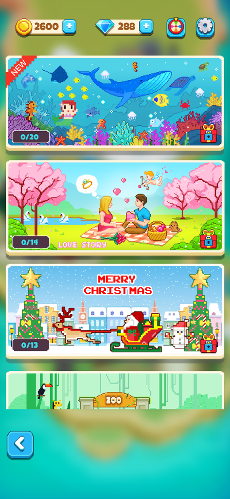 Pantalla de selección del juego Pixel Cross mostrando varios capítulos de puzles temáticos en estilo de arte pixelado.