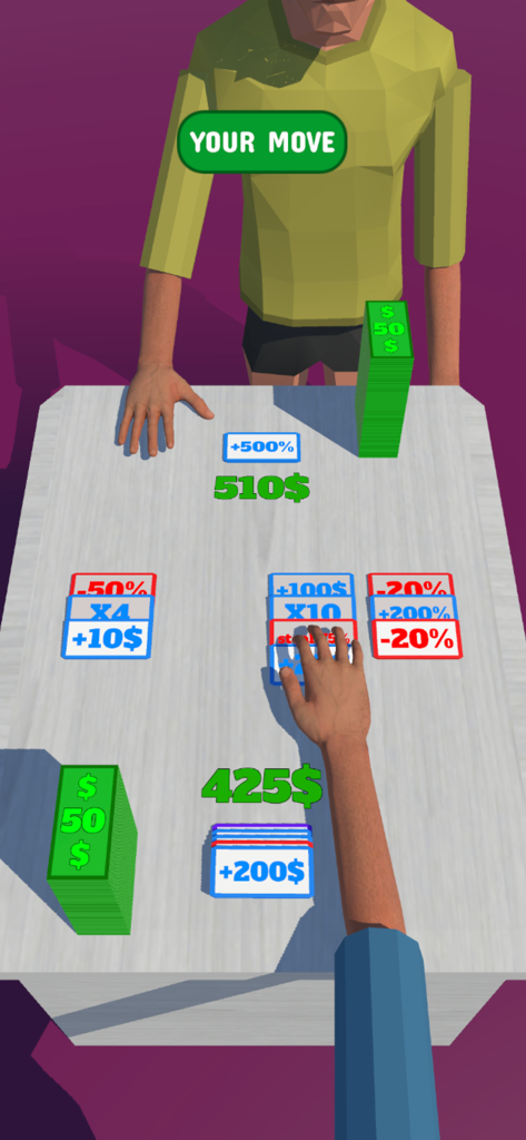 Gameplay screenshot of Double Money showing cash stacks and strategy cards