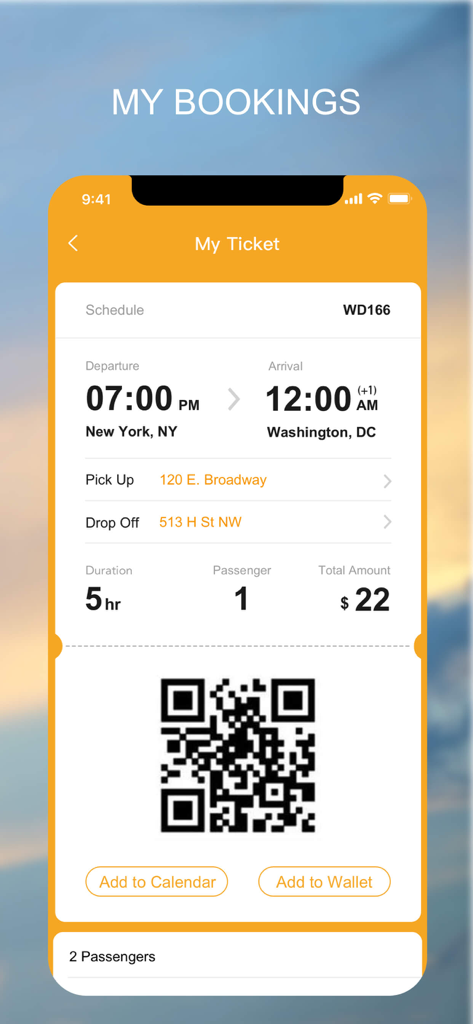 Wanda Coach - Wanda Coach mobile app screenshot displaying a digital bus ticket with travel details and a QR code