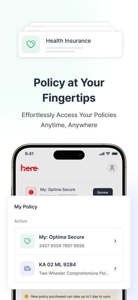Here by HDFC ERGO - Mobile app interface showing active health and vehicle insurance policies.