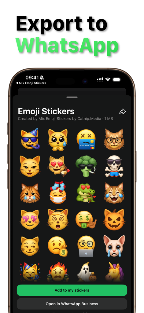 Emoji Merge & Mix: Mixoji - Una interfaz móvil que muestra una variedad de stickers de emoji personalizados con botones para añadir a stickers o exportar a WhatsApp.