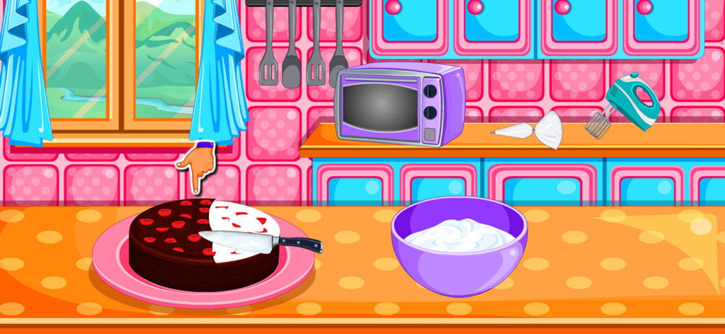 Baking black forest cake games - A cartoon kitchen scene showing a chocolate cake with strawberries and a bowl of white frosting