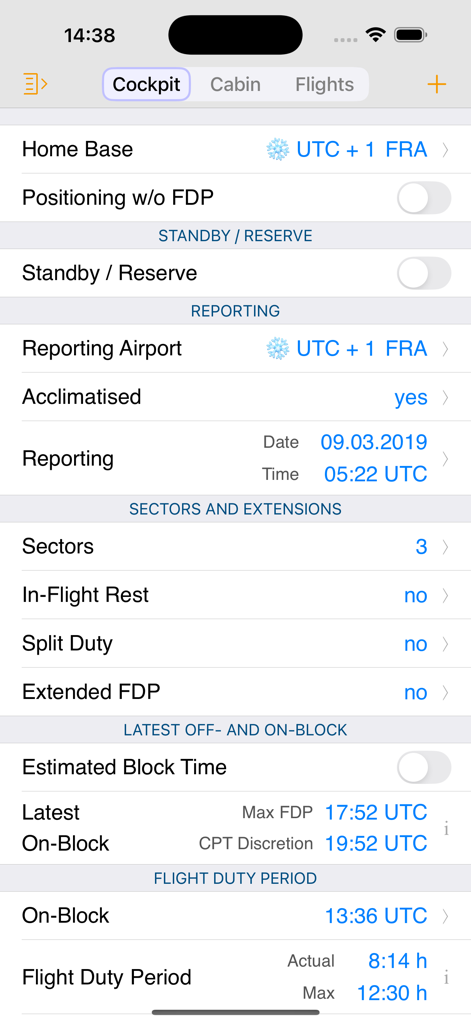 EASA FTL Calc - EASA FTL Calc mobile app interface showing cockpit flight duty period and reporting calculations