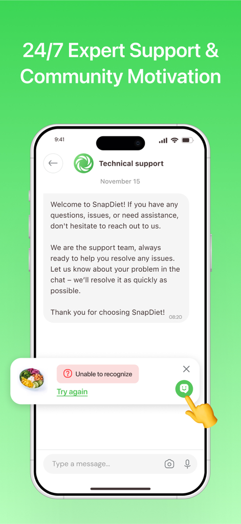 SnapDiet: AI Calorie tracker - SnapDiet 기술 지원 화면은 음식 인식 오류 알림이 있는 채팅 인터페이스를 보여줍니다.
