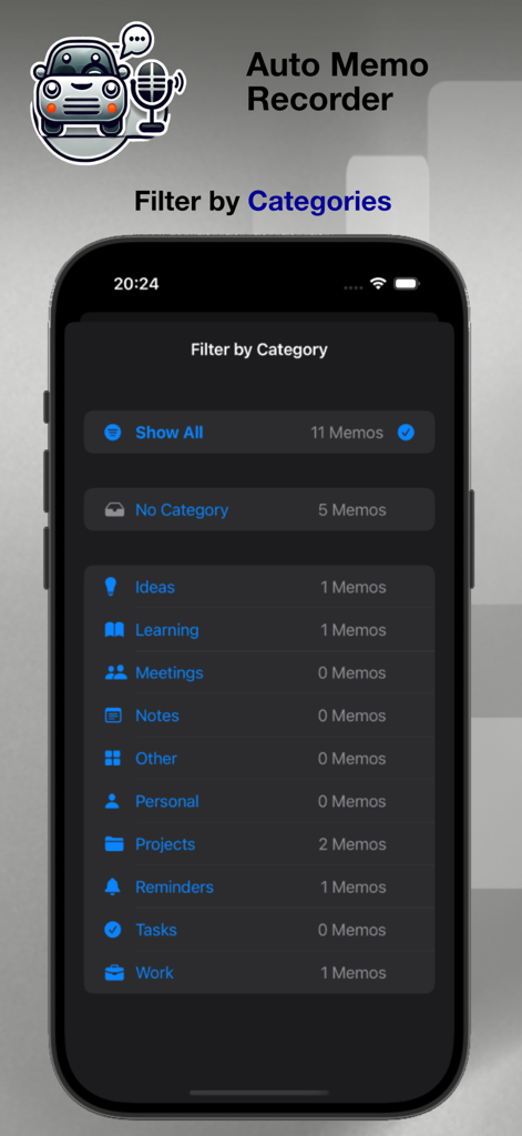Auto Memo Recorder - Interfaz de la aplicación Grabadora Auto Memo mostrando el menú de filtro de categorías para notas de voz organizadas.