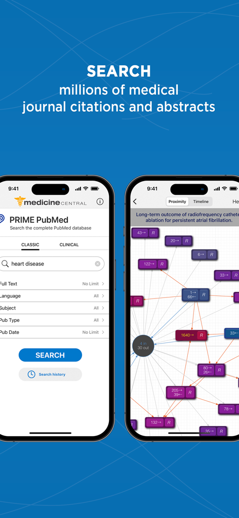 Medicine Central - Medicine Central app screens showing PubMed literature search and visual citation mapping feature