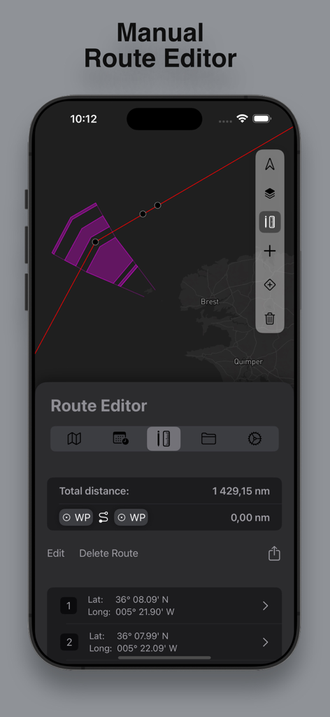 Pantalla del editor de rutas manual de la aplicación CVoyager que muestra puntos de ruta de navegación marítima y distancia total