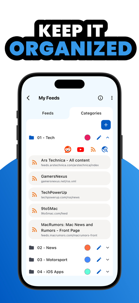 Mobile app interface showing RSS feeds organized into custom categories like Tech and News