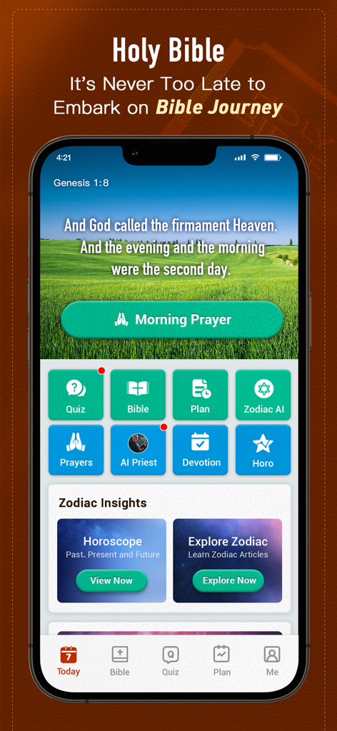 Holy Bible, KJV Bible + Audio - Tela inicial do aplicativo Bíblia Sagrada KJV com oração diária e insights do zodíaco