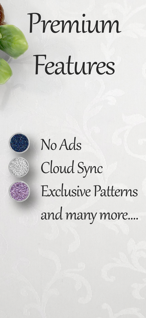 Schermata dell'app PlanBead che mostra le funzionalità premium, inclusi annunci non invasivi, sincronizzazione cloud e motivi esclusivi con piccoli contenitori di perline colorate.