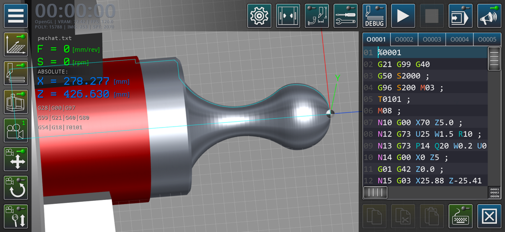 CNC Lathe Simulator - Interface of the CNC Lathe Simulator app showing a 3D machining view and G-code editor