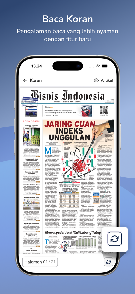 A smartphone displaying the front page of the Bisnis Indonesia digital newspaper with business and economic headlines.